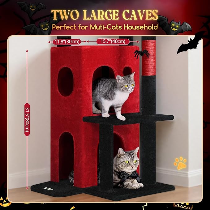 Globlazer Gothic Cat Tree Tower for Indoor Cats, 50-inch Goth Adult Cat Tree House for Large Adult Cats with Steps, Scratching Post, 2 Cat Caves, Dangling Toys, FC50, Blood-Goth-Mewly Pet