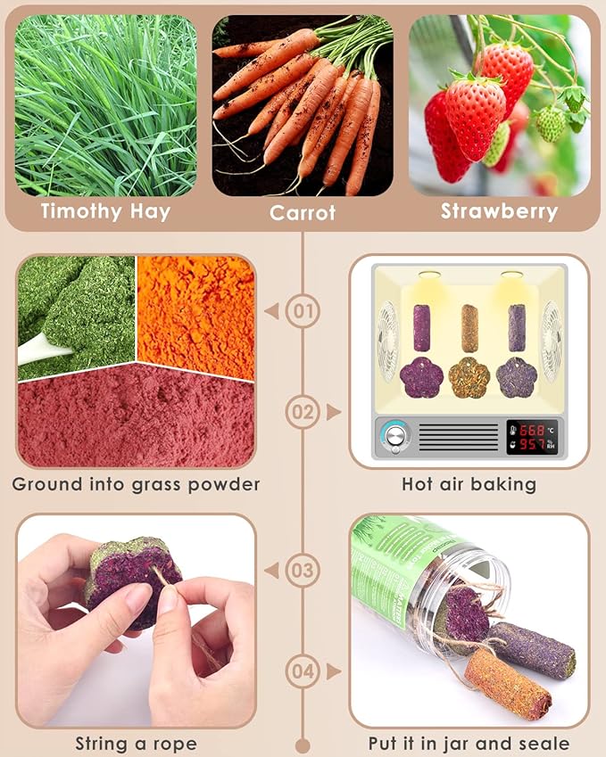 Bissap 12PCS Rabbit Chew Sticks, Hanging Chew Sticks & Cakes Timothy Hay Carrot Strawberry Treat for Bunny Chinchilla Guinea Pig Hamster and Other Small Pets Molar Snack Toy-Mewly Pet