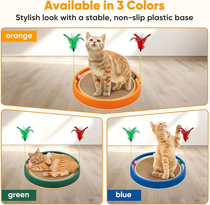 20-Inch Round Cat Scratcher with Ball Track – 3-in-1 Cardboard Cat Scratching Pad with Feather Toys, Non-Slip Base – Interactive Cat Toy for Indoor Cats, Kitten Scratch Play Lounge Board (Orange)-Mewly Pet