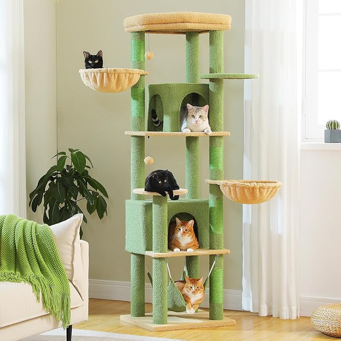 71.2" Large Cat Tree for Multi-Cat Households - 9-Level Cat Tower w/5 Sisal Scratching Posts, 2 Condos, Soft Hammock, Top Perch & Pom Poms - Heavy-Duty Space-Saving Design, Cactus Green-Mewly Pet