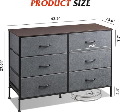 WLIVE Dresser for Bedroom with 6 Drawers, Wide Fabric Dresser TV Stand for 50 Inches TV with Metal Frame, Wooden Top, Fabric Storage Organizer for Livingroom, Hallway, Dark Gray