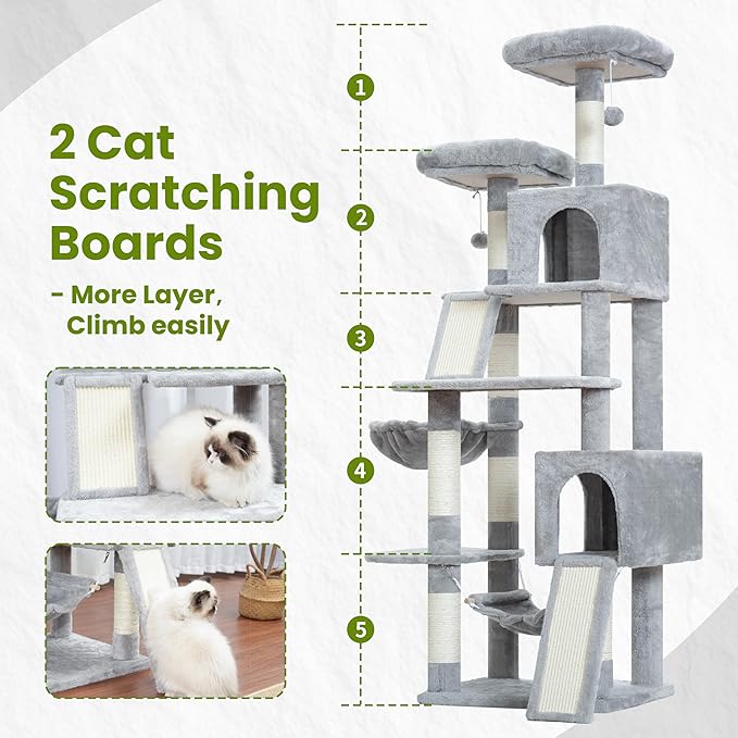 Cat Tree for Indoor Cats, 71'' (180cm) Multi-Level Cat Tower for Large Adult, Sturdy Cat Tree House with 2 Scratching Boards 7 Posts, 2 Plush Perches/Condos, Hammock, Light Gray GCT032W-Mewly Pet