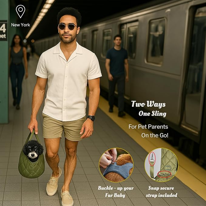 Small Dog Carrier Sling – Olive Green Hands‑Free 2‑in‑1 Sling & Handheld Carrier for Dogs up to 10 lbs, Parachute‑Grade Rip‑Stop Nylon, 4″ Padded Strap, Safety Tether & Pockets-Mewly Pet