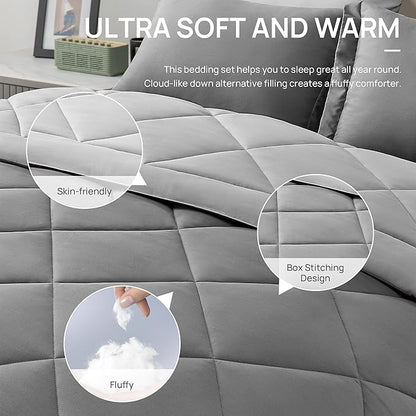 Love's cabin Twin Comforter Set Grey, 5 Pieces Twin Bed in a Bag, All Season Bedding Sets with 1 Comforter, 1 Flat Sheet, 1 Fitted Sheet, 1 Pillowcase and 1 Pillow Sham