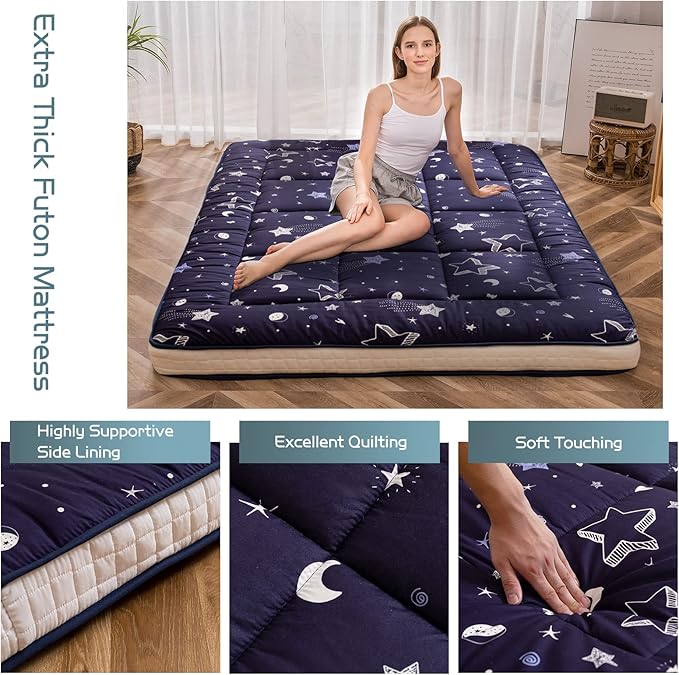 MAXYOYO Navy Star Futon Mattress, Padded Japanese Floor Mattress Quilted Bed Mattress Topper, Extra Thick Folding Sleeping Pad Breathable Floor Lounger Guest Bed for Camping Couch, Twin