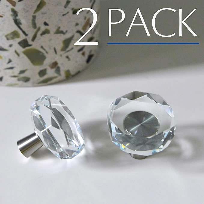 JEREVER 2 Pack Glass Crystal Knobs Brushed Nickel Drawer Pull Cabinet Handle for Dresser Kitchen (Polygon)
