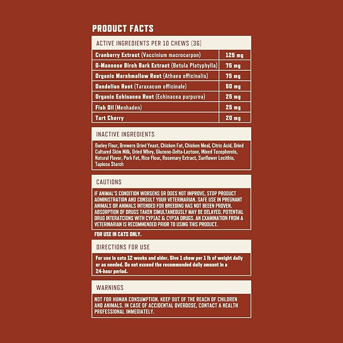 Rocco & Roxie Cat Urinary Tract Health Supplement, Cranberry and D-Mannose for Kidney, Bladder, and UT Support, Vet Recommended Chicken Flavored Crunchy Chews Cats Love, Made in USA-Mewly Pet