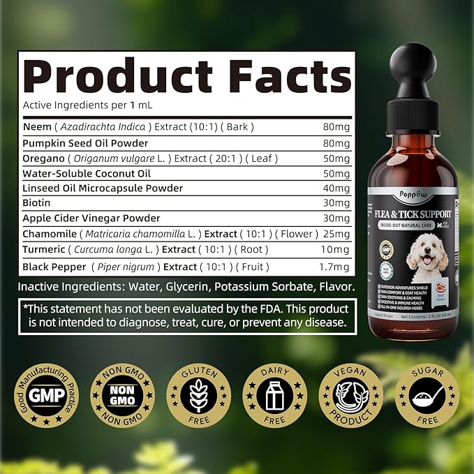 Dog Flea and Tick Support, Natural Herbal Flea & Tick Comfort for Dogs, Flea Liquid Drops Supplement for Dogs with Neem, Oregano, Pumpkin Seed Oil - Beef Flavor, 2 FL.Oz - All Breeds & Sizes-Mewly Pet