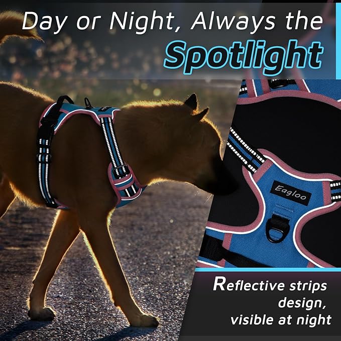 Eagloo Dog Harness for Large Dogs, No Pull Service Vest with Reflective Strips and Control Handle, Adjustable and Comfortable for Walking, No Choke Pet Harness with 2 Metal Rings, Pink & Blue, XL-Mewly Pet