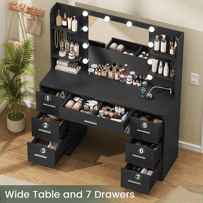 Quimoo Large Vanity Desk with LED Lighted Mirror & Power Outlet,Makeup Vanity Table with 7 Drawers,4 Shelves and 5 Hooks,Vanity Table, Vanity Desk Set for Bedroom,Bathroom，Black