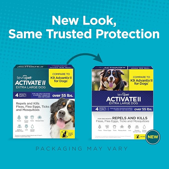 TevraPet Activate II Flea and Tick Prevention for Dogs | 4 Count | Extra Large Dogs 55+ lbs | Topical Drops | 4 Months Flea Treatment-Mewly Pet