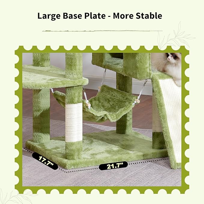Cat Tree for Indoor Cats, 71'' (180cm) Multi-Level Cat Tower for Large Adult, Sturdy Cat Tree House with 2 Scratching Boards 7 Posts, 2 Plush Perches/Condos, Hammock, Green GCT032GR-Mewly Pet