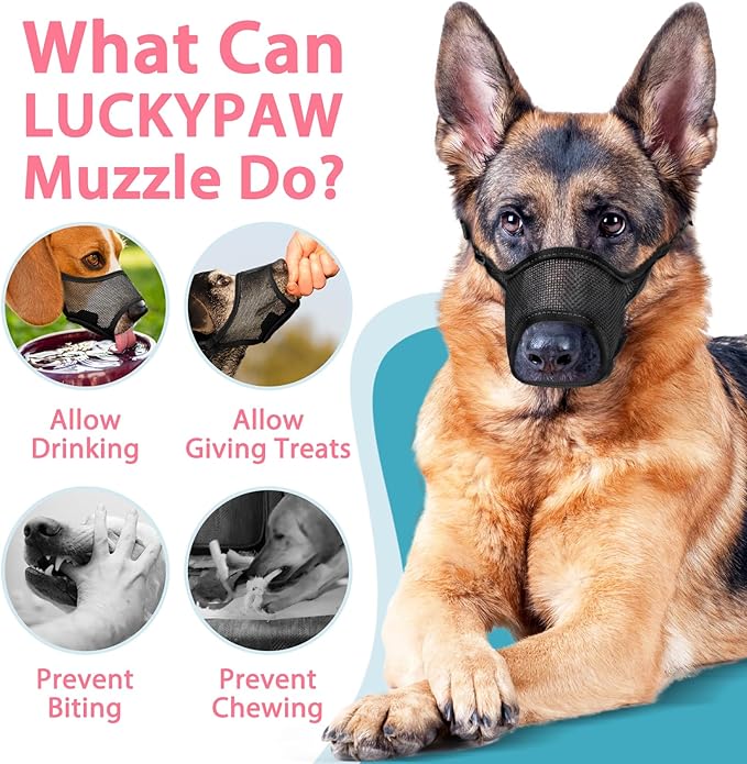 LUCKYPAW Dog Muzzle, Mesh Muzzle for Large Medium Small Dogs, Soft Mouth Guard for Biting Chewing, Breathable Mouth Guard with Adjustable Strap for Training (Black, M(Snout:8.75"-9.5"))-Mewly Pet