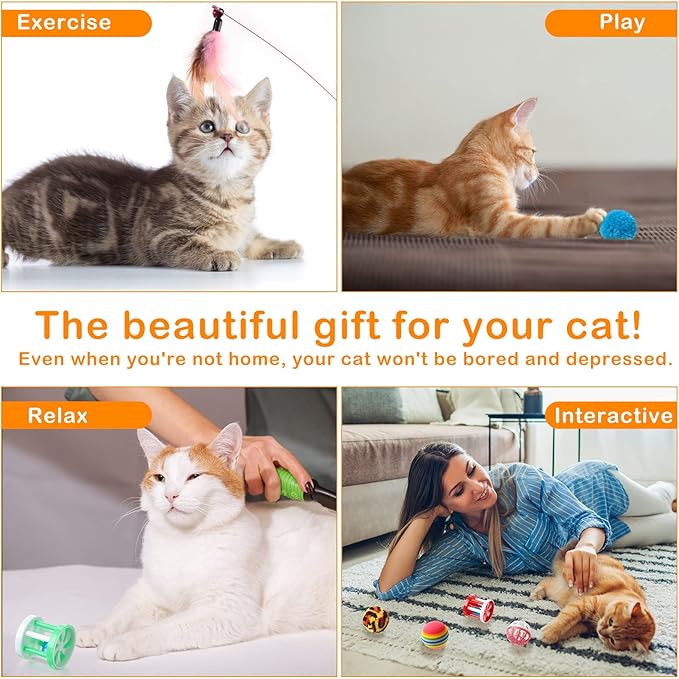 Wettarn 22 Pieces Cat Toys Set, with 2 Collapsible Tunnels for Indoor Cats and 20 Kitten Toys Tubes and Tunnels Interactive Feather Mouse Crinkle Balls for Pets Puppies(Colorful)-Mewly Pet