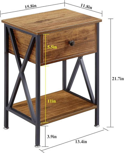 VECELO Nightstands Set of 2, Modern Bedside End Tables, Night Stands with Drawer and Storage Shelf for Living Room Bedroom, Industrial Metal Frame