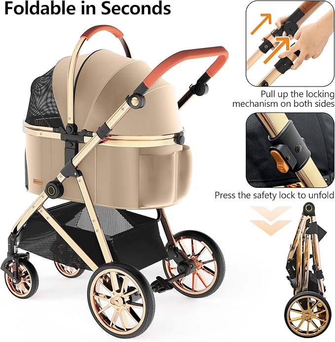 Kenyone Luxury Pet Stroller 3 in 1 with Electroplated Gold Mirror Finish for Medium Small Size Dogs and Cats, High-End Detachable Carrier for Puppy, Kitty, Doggie(C910L Khaki)-Mewly Pet