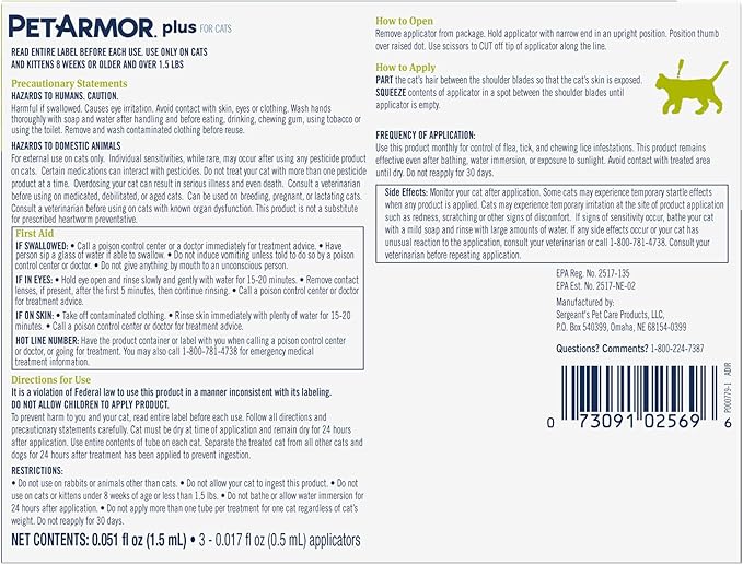 PetArmor Plus Flea and Tick Prevention for Cats, Cat Flea and Tick Treatment, 3 Doses, Waterproof Topical, Fast Acting, Cats Over 1.5 lbs-Mewly Pet