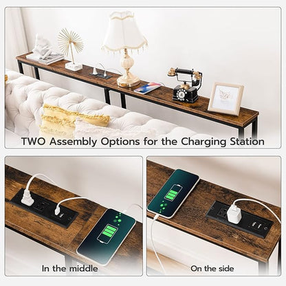 HOOBRO 63" Narrow Console Table with Charging Station, 5.9" Sofa Table with 2 Power Outlets and USB Ports, Long Entryway Tables Behind Couch Table, for Hallway, Living Room, Rustic Brown BF165UXG01