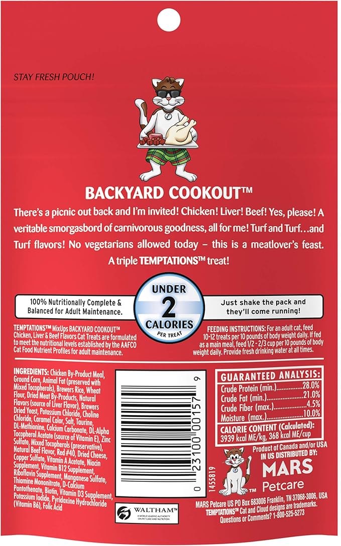 Temptations MixUps Backyard Cookout Flavor Crunchy and Soft Cat Treats, 3 oz. Pouch (Pack of 12)-Mewly Pet