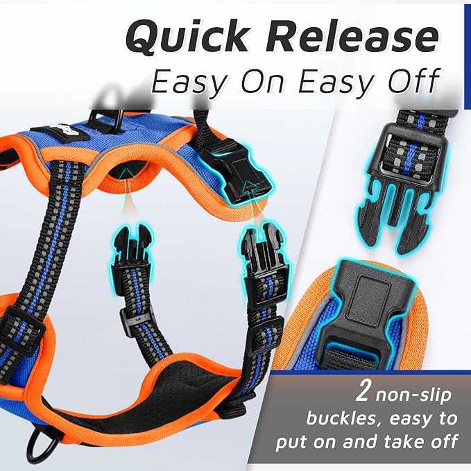 Eagloo Small Dog Harness No Pull, Service Vest with Reflective Strips and Control Handle, Adjustable and Comfortable for Walking, No Choke Pet Harness with 2 Metal Rings, Blue & Orange, XS-Mewly Pet