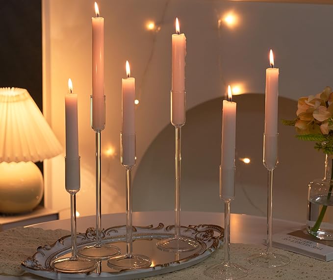 Candle Holder, Glass Taper Candle Tall Candlestick Holder, 3 Different Heights, for Table Centerpiece, Wedding, Party, Clear, 6pcs