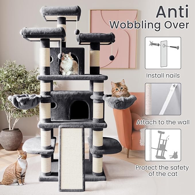 SHA CERLIN 68 Inches Multi-Level Large Cat Tree for Large Kitties/Big Cat Tower with Condo/Cozy Plush ‌Pussycat Perches/Sisal Scratching Posts and Hammocks/Activity Center/Dark Grey-Mewly Pet