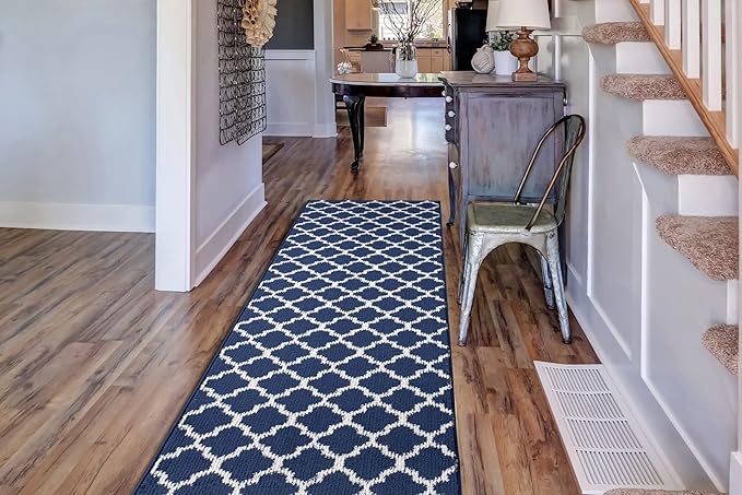 Custom Size Cut to Length Moroccan Trellis Design Runner Rug Mat For Wide Long Hallways with Non-Slip Rubber Backing, Better Traction for Pets, Prevent Slippage, Trellis Navy Blue, 31 inch X 16 feet