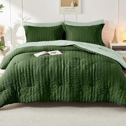 HYMOKEGE Dark Green/Sage Green Full Size Comforter Sets Seersucker 7 Pieces, All Season Luxury Bed in a Bag for Bedroom, Bedding Set with Comforter, Sheets, Pillowcases & Shams
