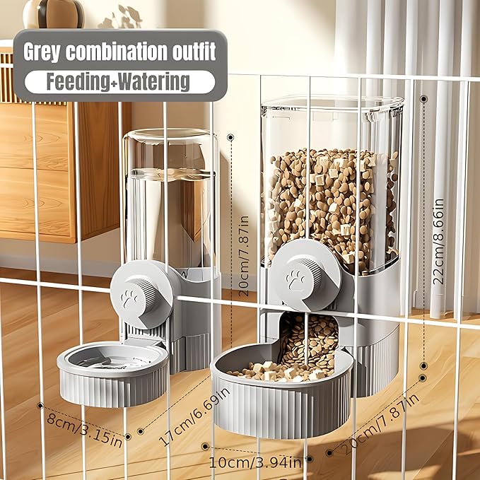GPY Automatic Hanging Gravity Pet Feeder and Water Dispenser Set ，Automatic Dog Feeder and Dog Water Dispenser for Dogs Cats Pets Animals Large Capacity (Blue Water Feeder&Food Feeder) (Grey)-Mewly Pet