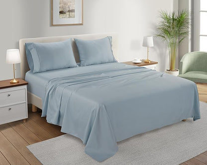 CHATEAU HOME COLLECTION Organic Cotton Sheets Queen Size Bed Set Deep Pockets, 300 TC Cotton Queen Sheet Set, Soft Breathable Elasticated Sheet & Pillowcase Sets, Machine Washable- Light Blue