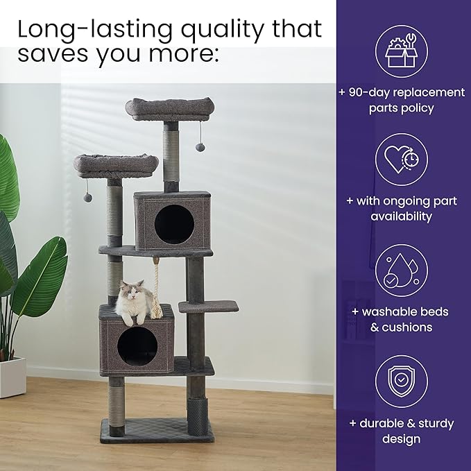 Catry® Stella 7-Level 67.5” Linen & Quilted Velvet Cat Tree with Recycled Paper Scratchers, Two Condos, Removable Beds, Toys, Easy to Clean, Ideal for Large Cats and Multi-Cat Homes (Zinc Gray)-Mewly Pet