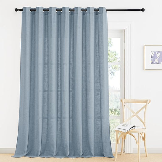RYB HOME Natural Linen Curtains for Living Room Nursery Playroom, Modern Privacy Drapes 84 inch Length Vertical Semi Transparent Sheer for Large Windows, W 100 inch x L 84 inch, Dusty Blue, 1 Pc
