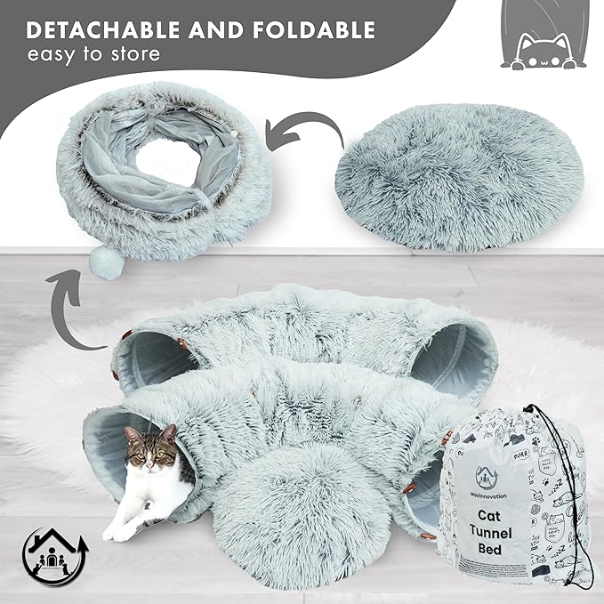 Large Cat Tunnel Bed for Indoor Cats Warm Fluffy Plush Cat Cave Tunnel Bed Collapsible, Washable, 3 Way and Multifunctional with Dangling Balls for Cats, Kittens and Rabbits- Gray-Mewly Pet