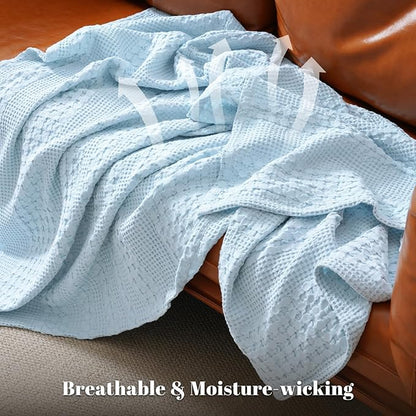 PHF 100% Cotton Waffle Weave Throw Blanket, Soft Lightweight Breathable Cozy Throws for Couch Bed Sofa, Luxury Aesthetic Woven Blanket for Home Decor & Office, 50"x60", Baby Blue