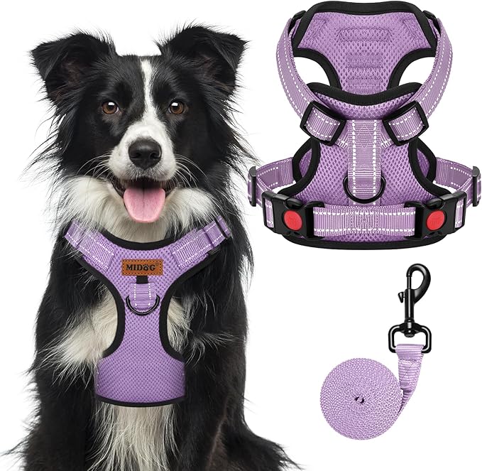 MIDOG No-Pull Dog Harness | Adjustable & Reflective Pet Harness Leash Set for Small Medium Large Dogs Walking, Training| No Choke, Front Clip, Soft Padded Vest with Easy Control Handle - Purple, XL-Mewly Pet