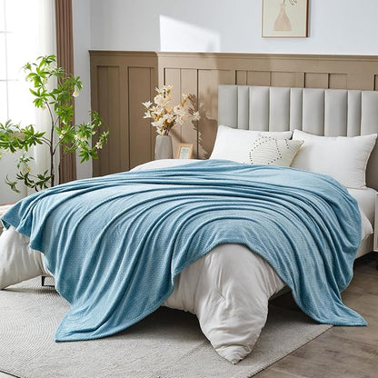 NEWCOSPLAY Super Soft Queen Blanket Light Blue Premium Silky Flannel Fleece Leaves Pattern Lightweight Bed Blanket All Season Use (Light Blue, Queen(90"x90"))