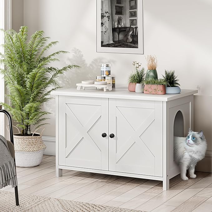JY QAQA Cat Litter Box Enclosure,Litter Box Furniture Hidden with Barn Door,Wooden Cat Washroom Furniture,Cat House,Fit Most of Litter Box,White-Mewly Pet