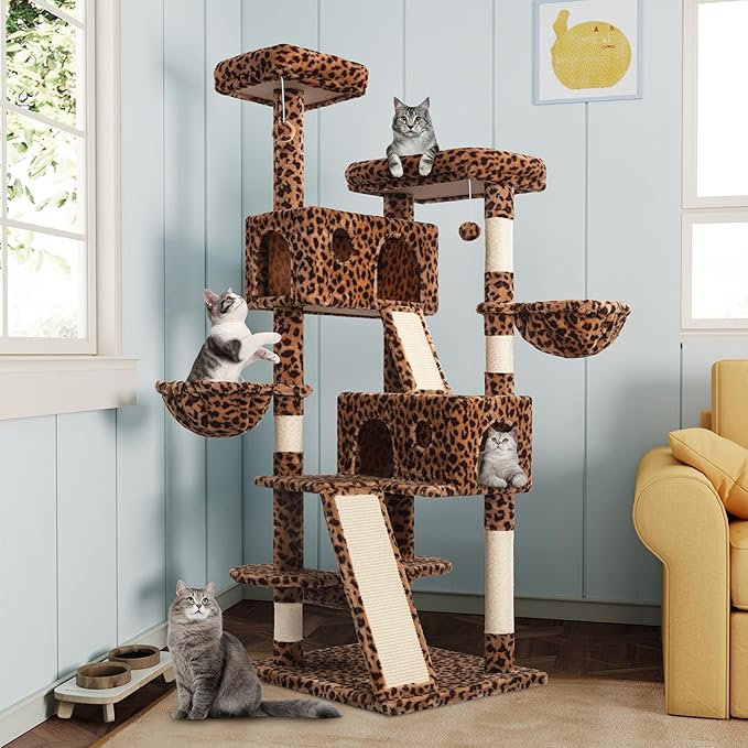 MUTICOR 66 Inches Multi-Level Large Cat Tree Tower for Indoor Big Feline/Cozy Plush Perches/Condo/Sisal Scratching Posts/Hammock and Baskets/Activity Center Play House/Wide Base/Leopard Print-Mewly Pet