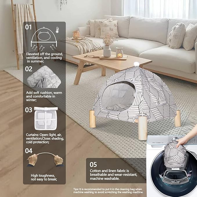 2-in-1 Elevated Cat Tent Cat House, Quick Assembly and Disassembly, Portable Indoor/Outdoor Cute Cat Bed Cave-White Diamond Pattern-Mewly Pet