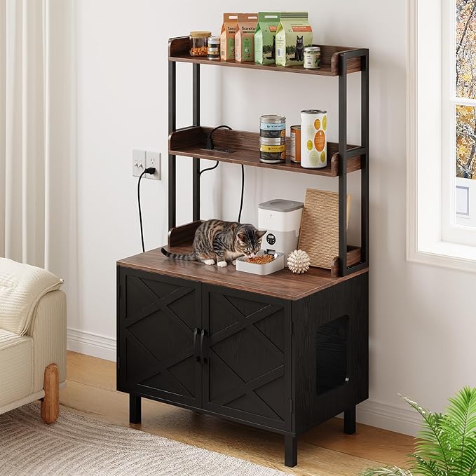 55 Inches Cat Litter Box Enclosure, Hidden Litter Box Furniture with 2 Storage Shelves and Charging Sockets, Wooden Cat House, Large Indoor Cabinet for Living Room & Entryway, Black-Mewly Pet