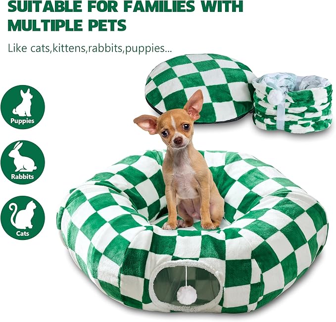 Cat Tunnel for Indoor Cats, Cute Peekaboo Cat Cave with Dangling Balls, Checkered Pet Donut Tunnel Bed with Circle Mat for Puppy Kitten Rabbit, Green/White-Mewly Pet