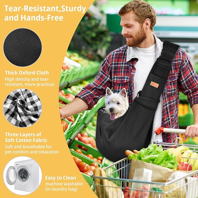CUBY Dog and Cat Sling Carrier, Hand-Free Dog Carrier Slings with Adjustable Straps Pocker, Puppy Slings Carrier for Small Dogs Cats Outdoor Travel Bag(Black, M-Adjustable Strap)-Mewly Pet