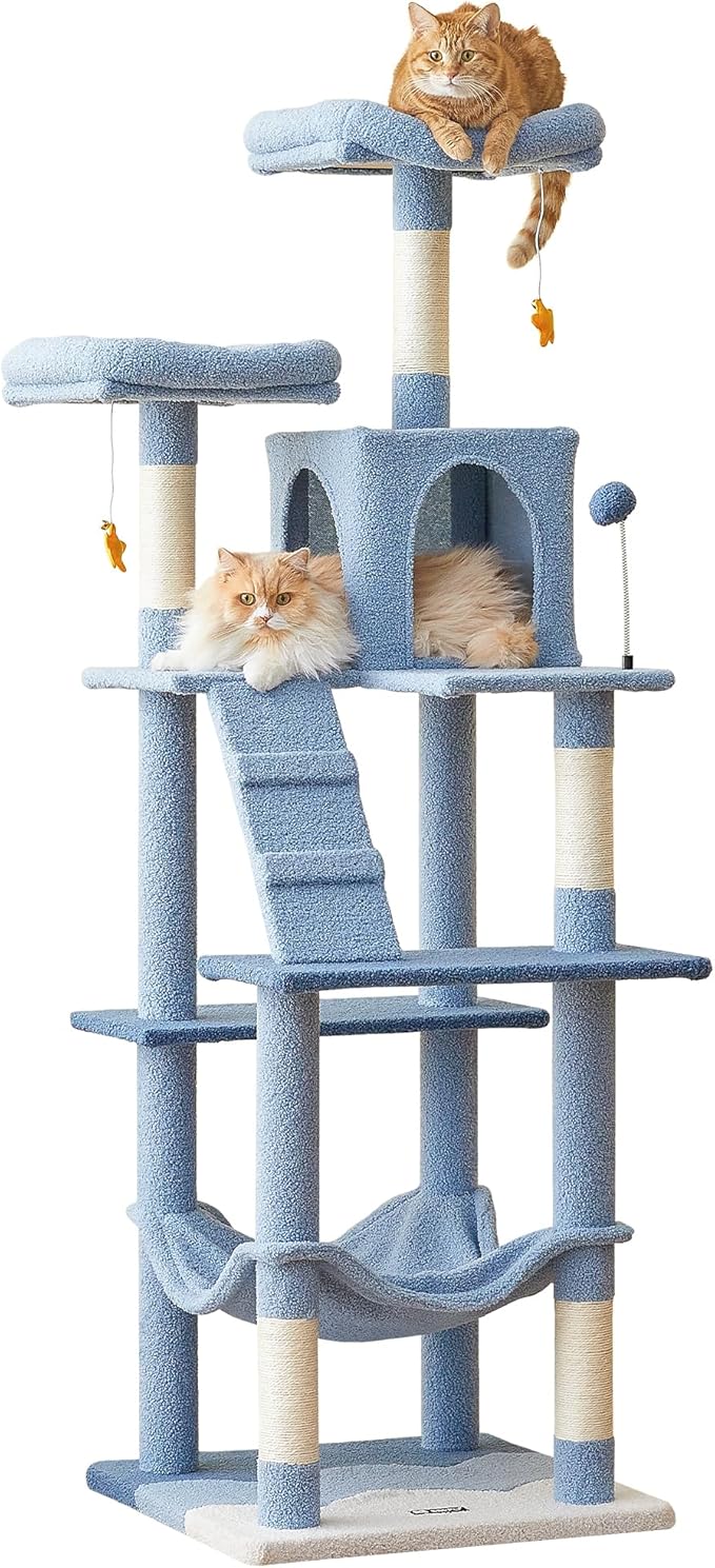 MWPO Ocean-Themed Cat Tree, 70.1-Inch Multi-Level Tall Tower for Indoor Cats, Plush Cat Condo with Big Padded Perches, Sisal-Covered Scratching Posts, Hammock, Toys for Kittens, Blue-Mewly Pet