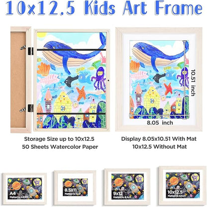 KINLINK 10x12.5 Kids Art Frames Set of 2, Solid Wood Kids Artwork Frames Changeable with Acrylic Front Opening Holds 150 Pictures, Art Frame for Kids Artwork with Mat or without Mat, White Wood
