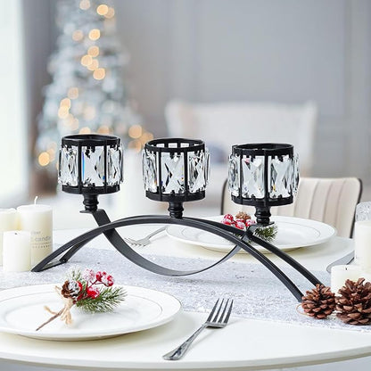 Black 3-Arm Crystal Candle Holders Arched - Elegant Tabletop Candelabra Centerpiece for Weddings, Dining Room Decor, Modern Home & Cabinet Display Housewarming