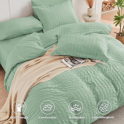 HYMOKEGE Sage Green Full Size Comforter Sets Seersucker 7 Pieces, All Season Luxury Bed in a Bag for Bedroom, Bedding Set with Comforters, Sheets, Pillowcases & Shams