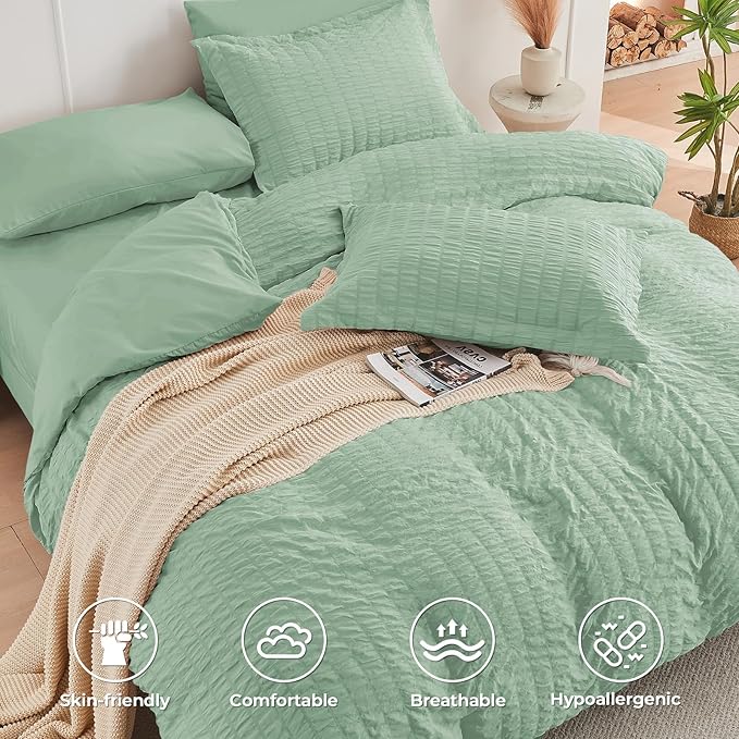 HYMOKEGE Sage Green Twin XL Comforter Set Seersucker 5 Pieces, All Season Luxury Bed in a Bag for Bedroom, Bedding Set with Comforter, Sheets, Pillowcase & Sham