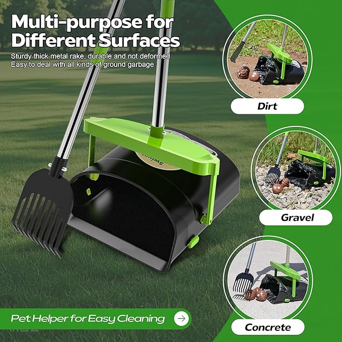 UPSKY Dog Pooper Scooper Swivel Bin & Rake Kit with 100 Waste Bags,33.4" Stainless Steel Long Handle Heavy Duty Pet Poop Shovel for Large Medium Small Dogs, Odor-Proof Lid for Yard/Lawn/Outdoor Use-Mewly Pet