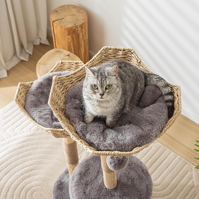 Cat Tree Tower, 46 inch Modern Cat Tree for Indoor Cats Large Adult, Luxury Cat Condo with Scratching Post, Real Solid Wood Branch Indoor Boho Furniture, Climbing Tower, Gray