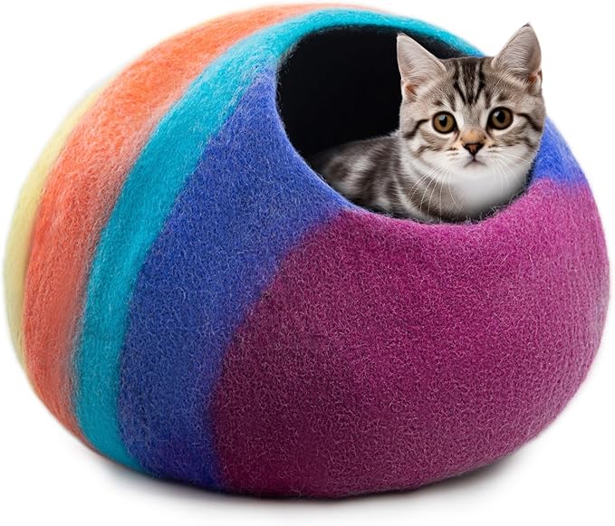 Woolygon Premium Felt Cat Cave Bed – Wool Kitty Beds Handcrafted Kitten Caves Bed for Indoor Cats - Made from 100% Eco-Friendly Merino Wool, Foldable Cat Hidewawy Covered Cat House Pod (Rainbow Twist)-Mewly Pet